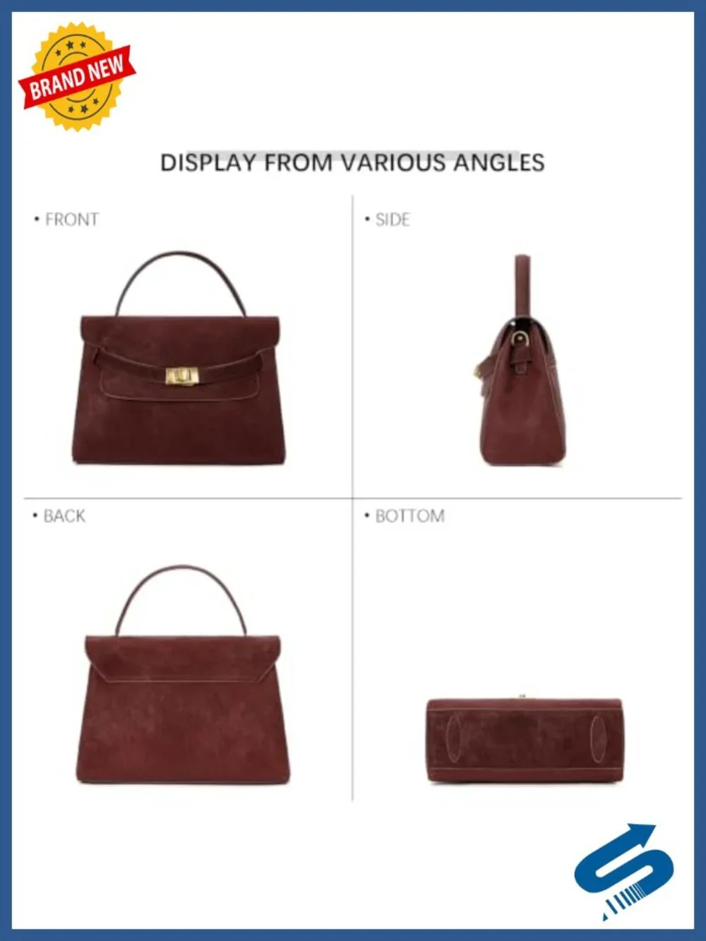 Suede Top Handle Shoulder Bag with Gold-Tone Lock, Vintage Purse for Work &